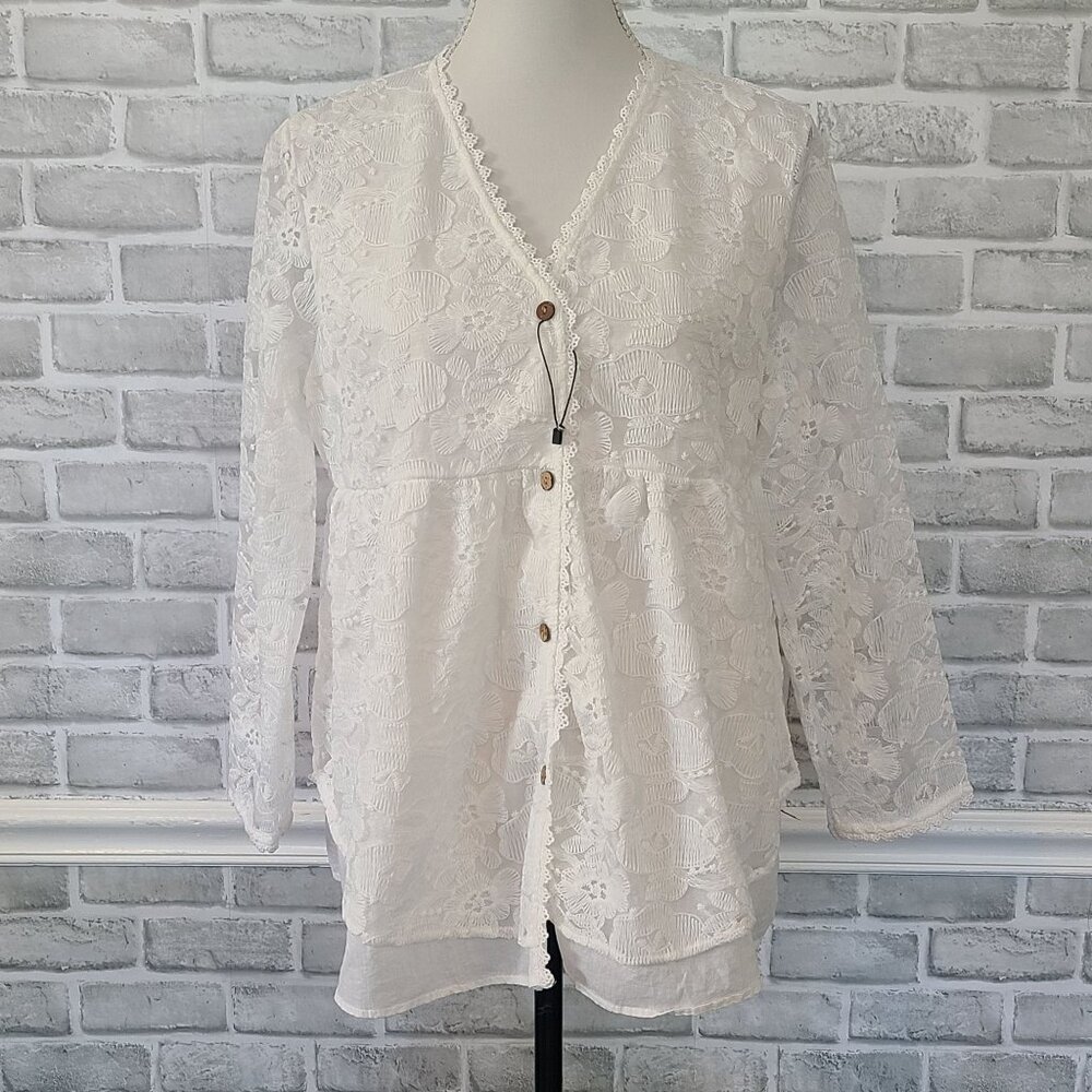 Cellabie White Layered Cotton Lace Button Up Top Blouse NEW Plus 2X Feminine